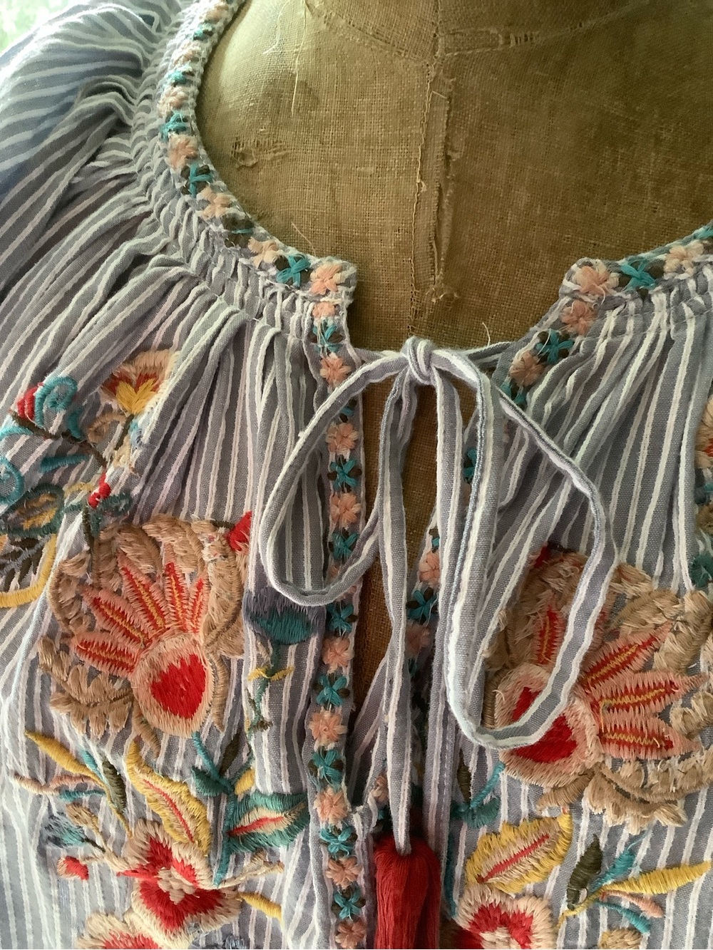 Blue Striped Embroidered Peasant Blouse with Red Tassels - Picture 9 of 14